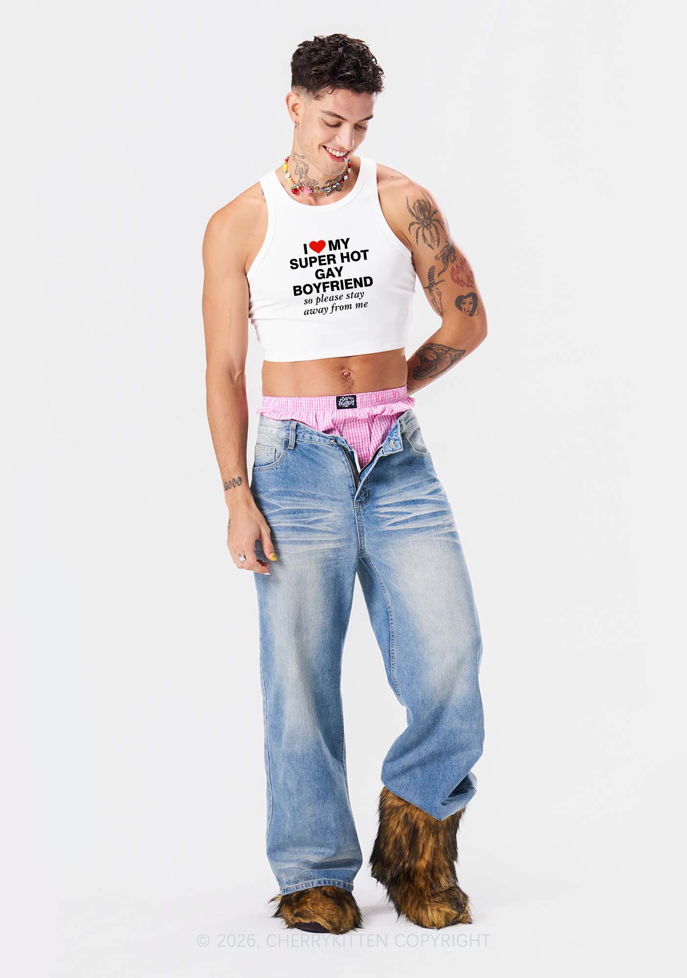 I Love My Super Hot Gay BF Pride Y2K Crop Tank Top Cherrykitten