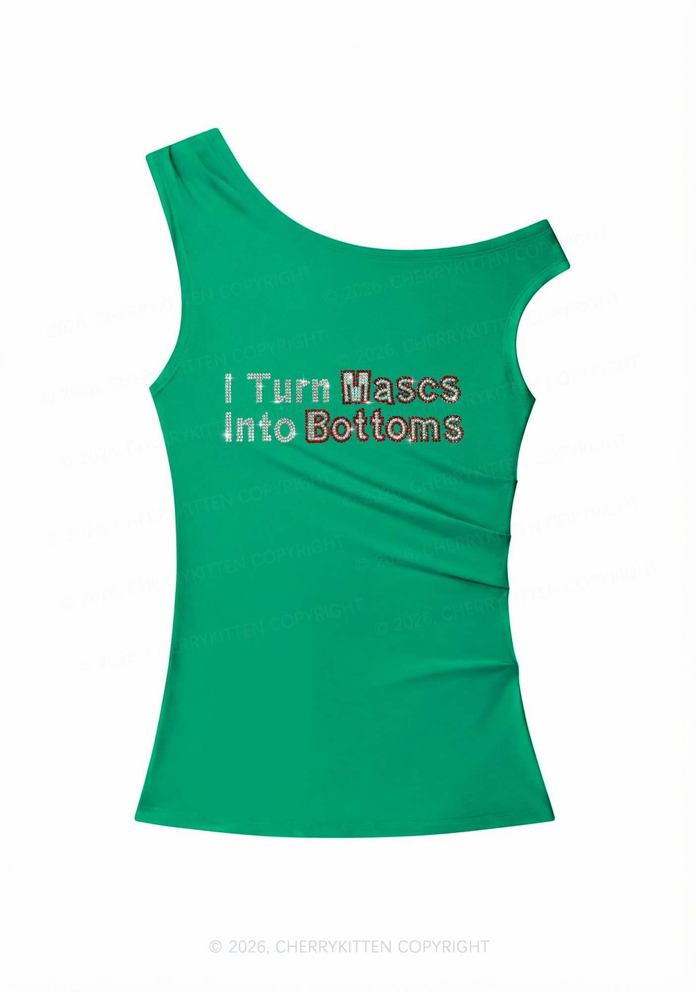 Rhinestone I Turn Mascs Into Bottoms Y2K Off Shoulder Tank Top Cherrykitten