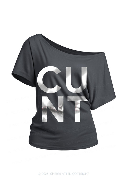 Cxxt Silver Foil Printed Y2K Off Shoulder Tee Cherrykitten