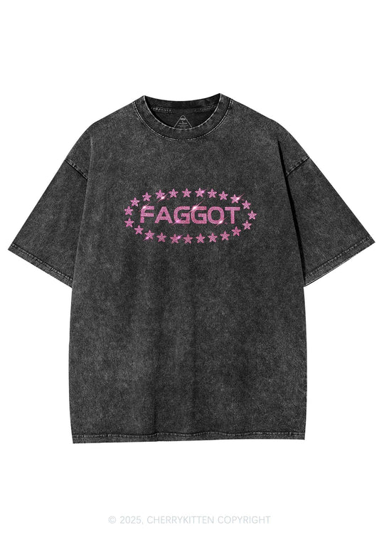 Rhinestone Pink Faggot Stars Pride Y2K Shirts Washed Tee Cherrykitten