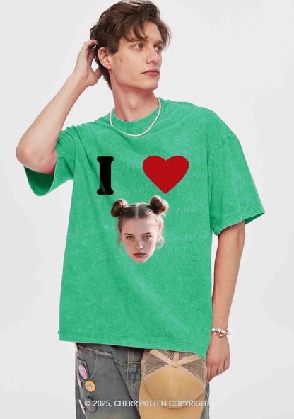 I Love Custom Portrait Y2K Valentine's Day Washed Tee Cherrykitten