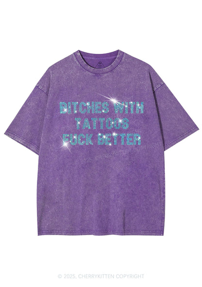 Rhinestone Bxxches With Tattoos Fxxk Better Y2K Shirts Washed Tee Cherrykitten