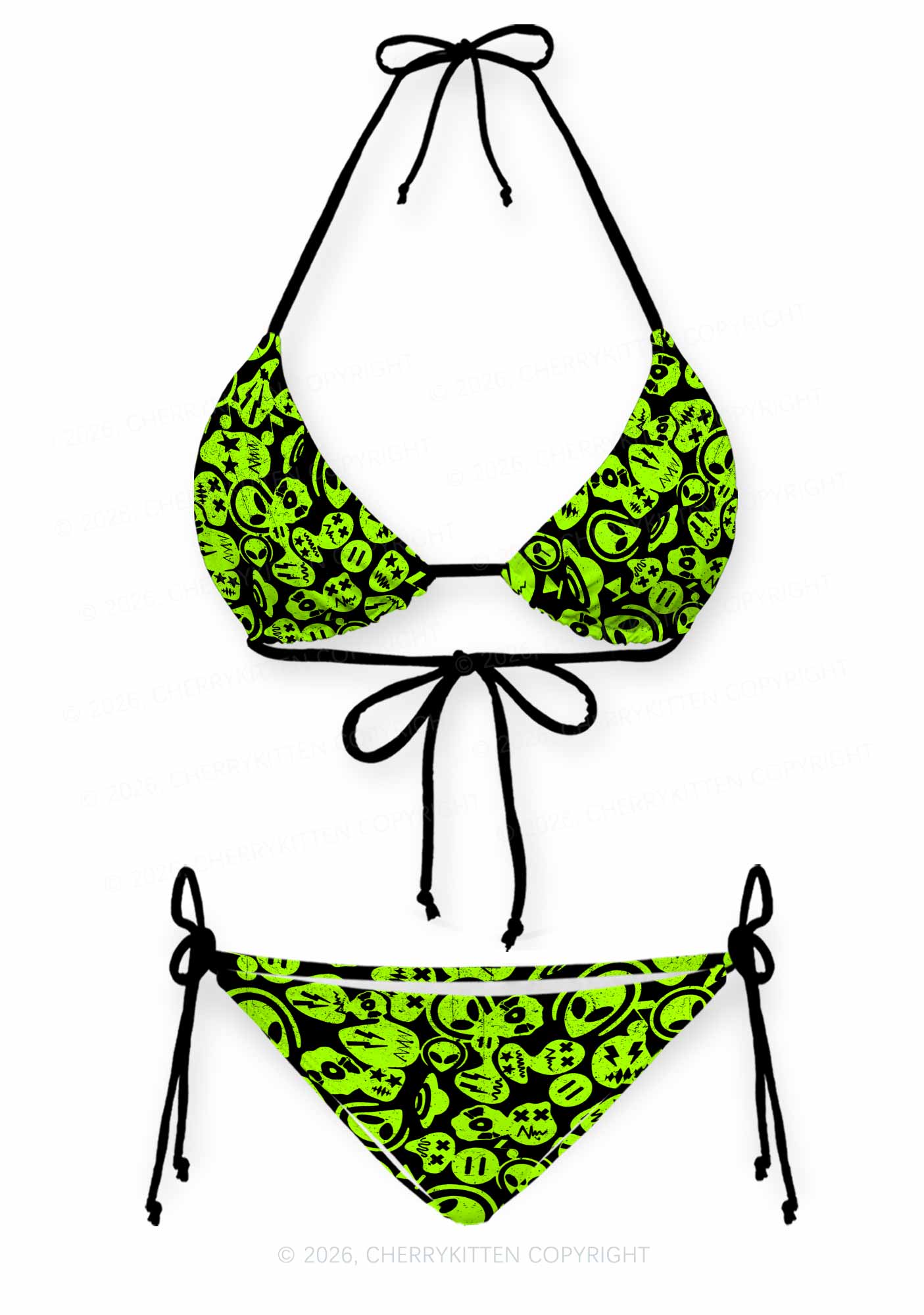 Green Alien Doodle Y2K Print Bikini Set Cherrykitten
