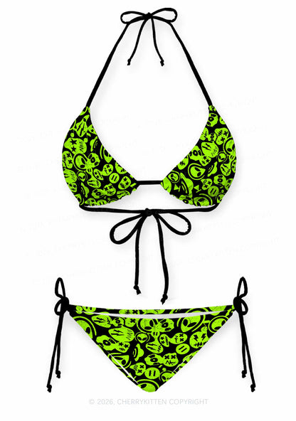 Green Alien Doodle Y2K Print Bikini Set Cherrykitten