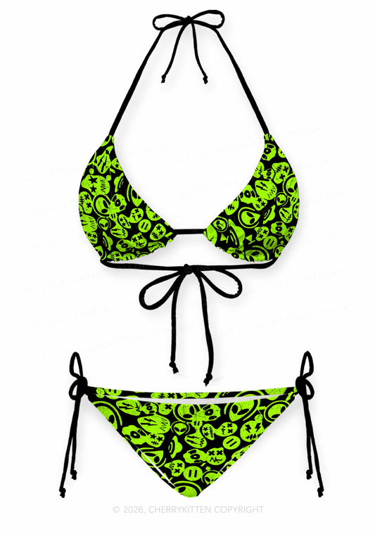 Green Alien Doodle Y2K Print Bikini Set Cherrykitten
