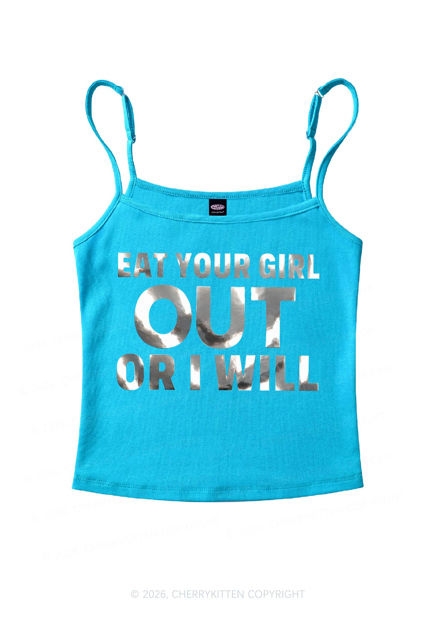 Eat Your Girl Out Silver Foil Printed Y2K Spaghetti Strap Cami Cherrykitten