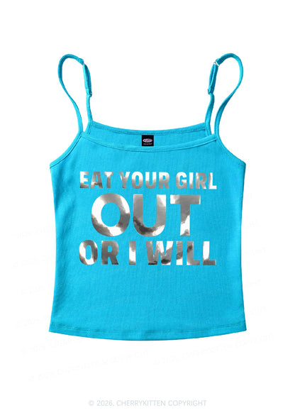 Eat Your Girl Out Silver Foil Printed Y2K Spaghetti Strap Cami Cherrykitten