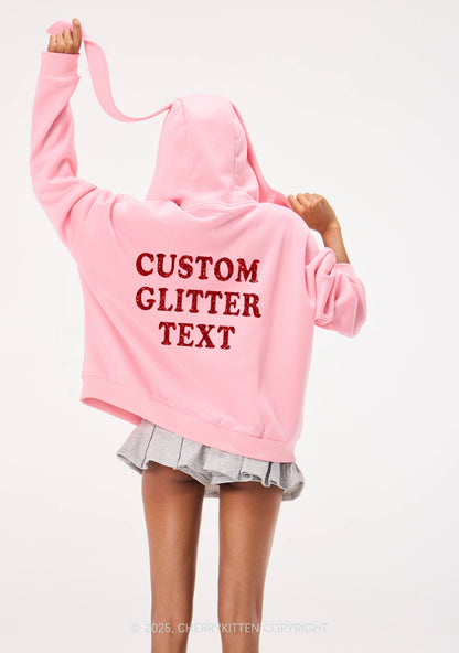 Custom Text Glitter Y2K Bunny Ear Zip Hoodie Cherrykitten