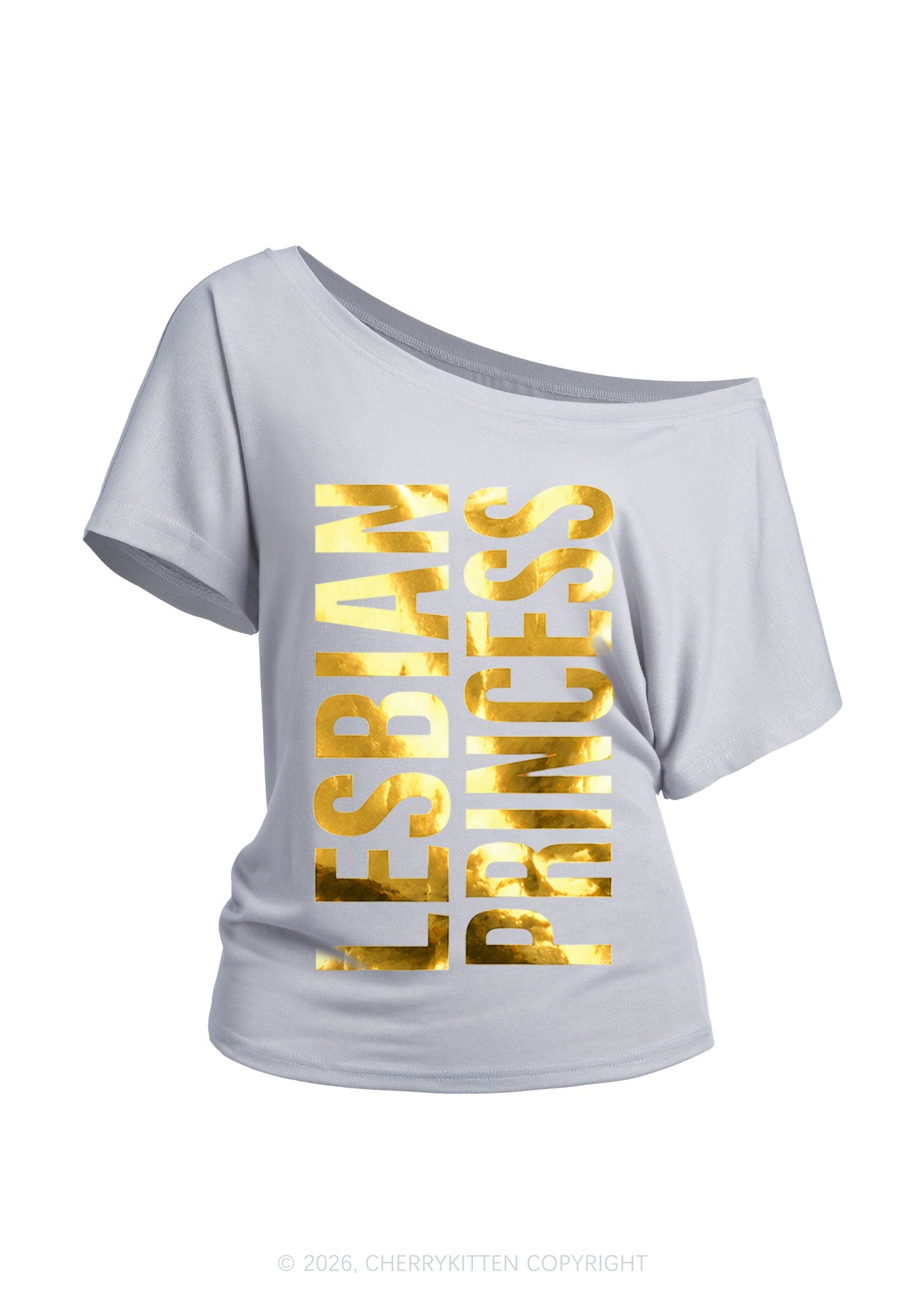 Lesbian Princess Pride Silver Foil Printed Y2K Off Shoulder Tee Cherrykitten