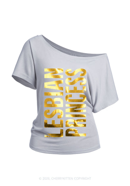 Lesbian Princess Pride Silver Foil Printed Y2K Off Shoulder Tee Cherrykitten