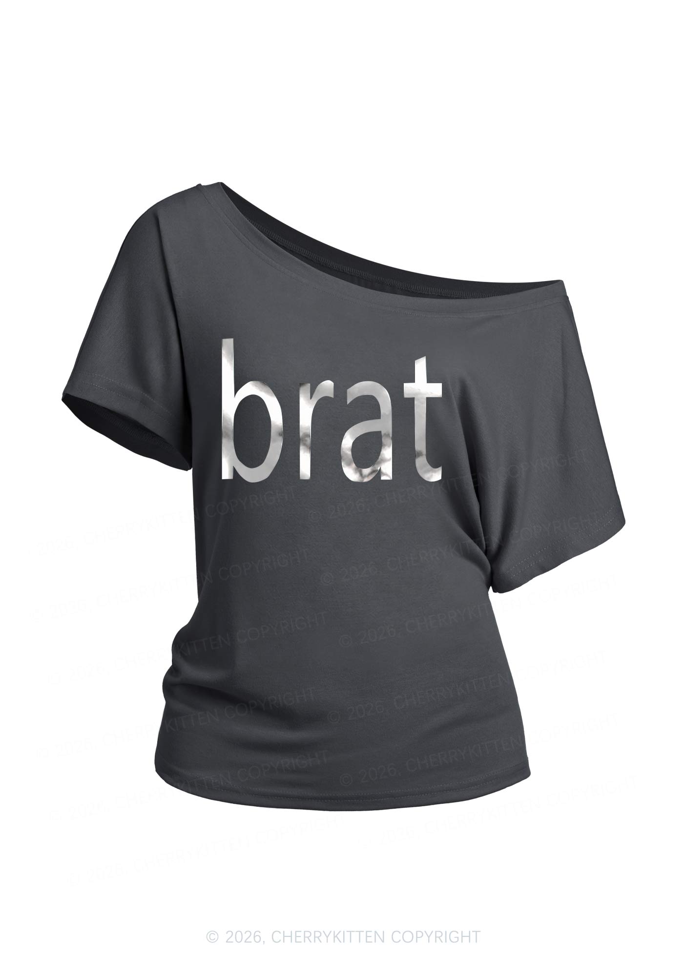 Brat Silver Foil Printed Y2K Off Shoulder Tee Cherrykitten