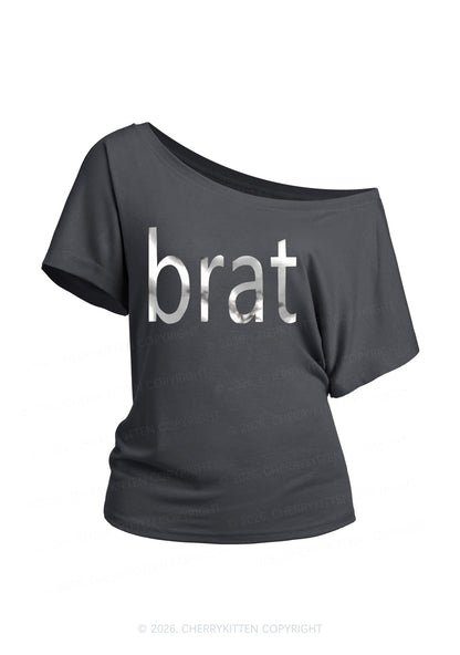 Brat Silver Foil Printed Y2K Off Shoulder Tee Cherrykitten