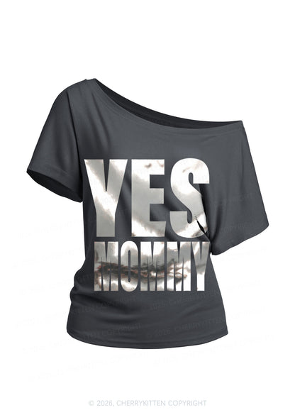 Yes Mommy Silver Foil Printed Y2K Off Shoulder Tee Cherrykitten