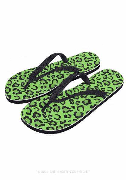 Fluorescent Green Leopard Y2K Print Flip Flops Cherrykitten
