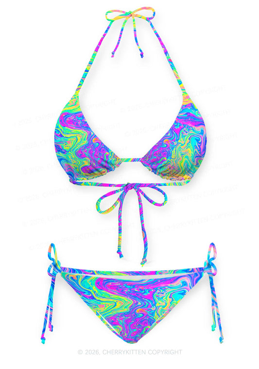 Rainbow Fluid Swirl Y2K Print Bikini Set Cherrykitten