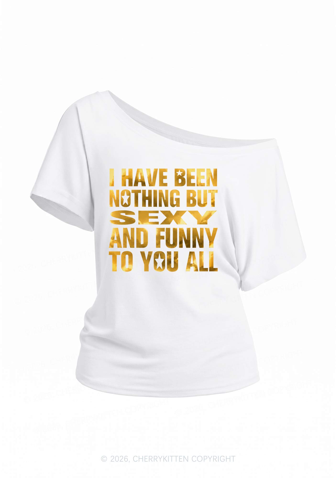 I Have Been Nothing Silver Foil Printed Y2K Off Shoulder Tee Cherrykitten