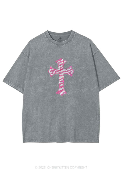 Rhinestone Pink Cross Y2K Shirts Washed Tee Cherrykitten