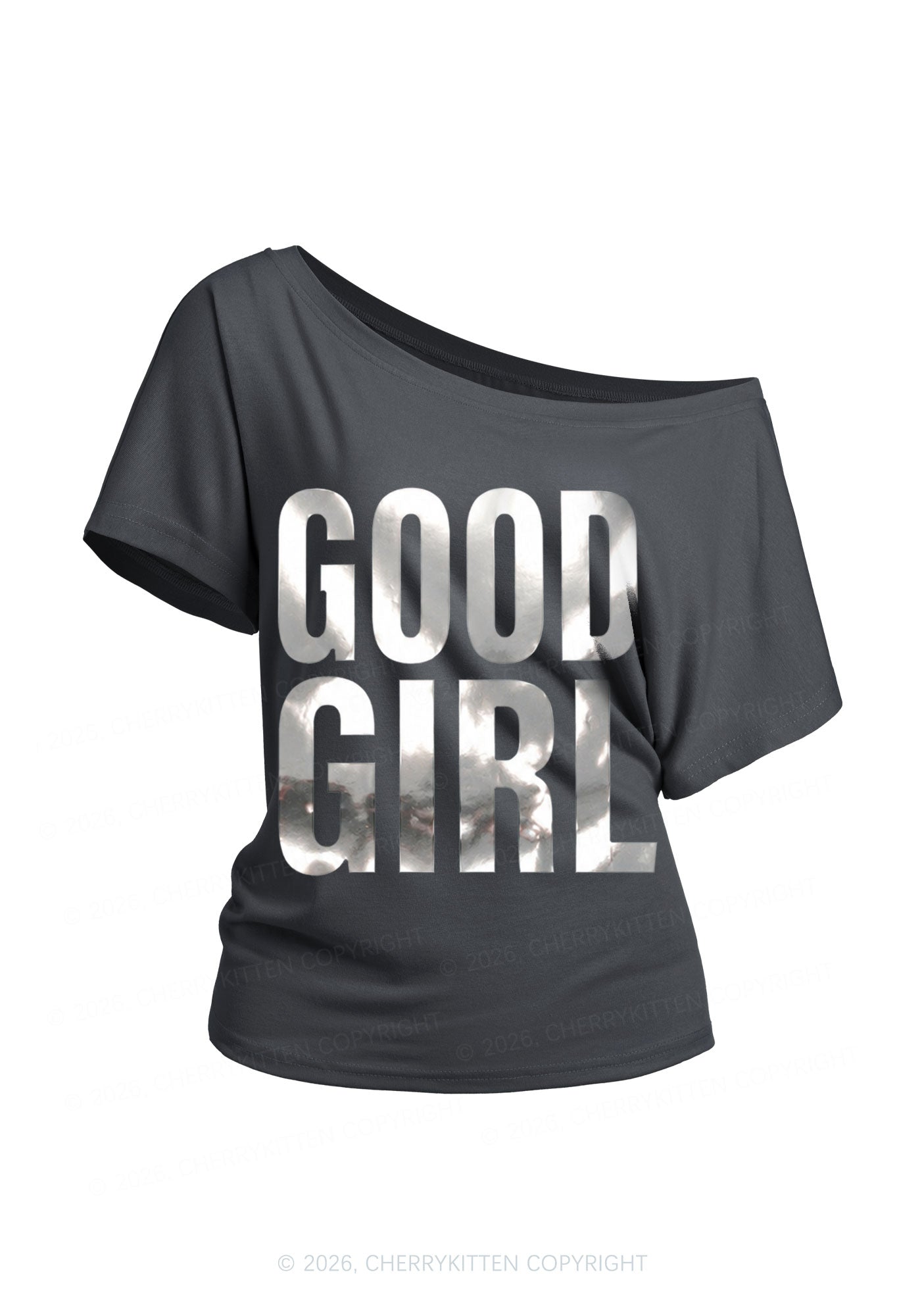 Good Girl Silver Foil Printed Y2K Off Shoulder Tee Cherrykitten
