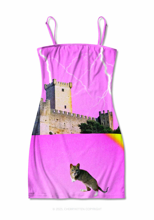 Cat Castle Lightning Y2K Print Slip Dress Cherrykitten