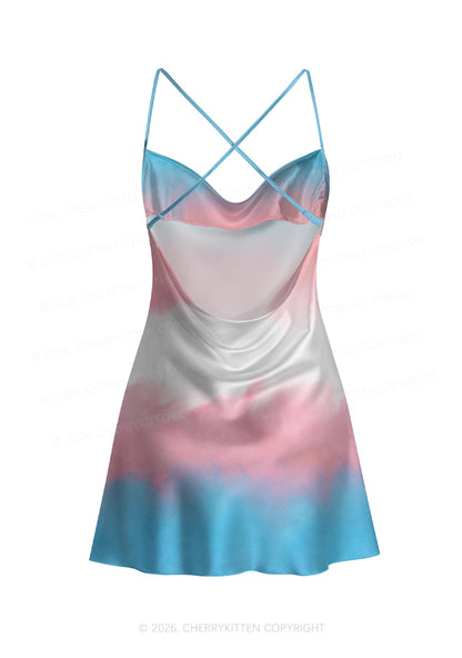 Trans Tie Dye Pride Y2K Print Satin Cowl Neck Slip Dress Cherrykitten