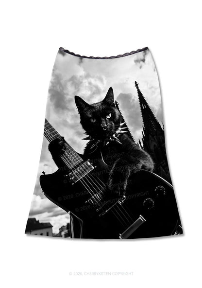 Halloween Guitar Black Cat Y2K Print Midi Skirt Cherrykitten