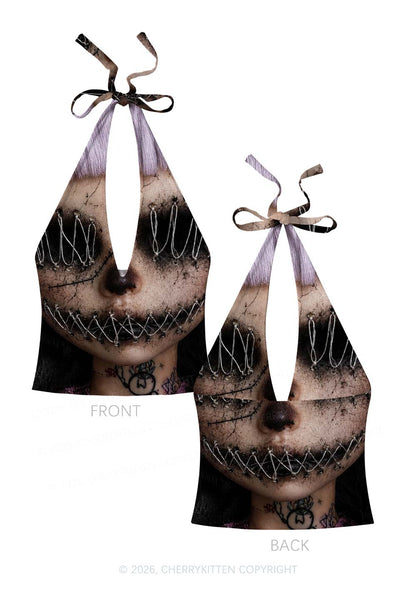 Halloween Metal Wire Face Y2K Print Halter Deep V Neck Cami Cherrykitten