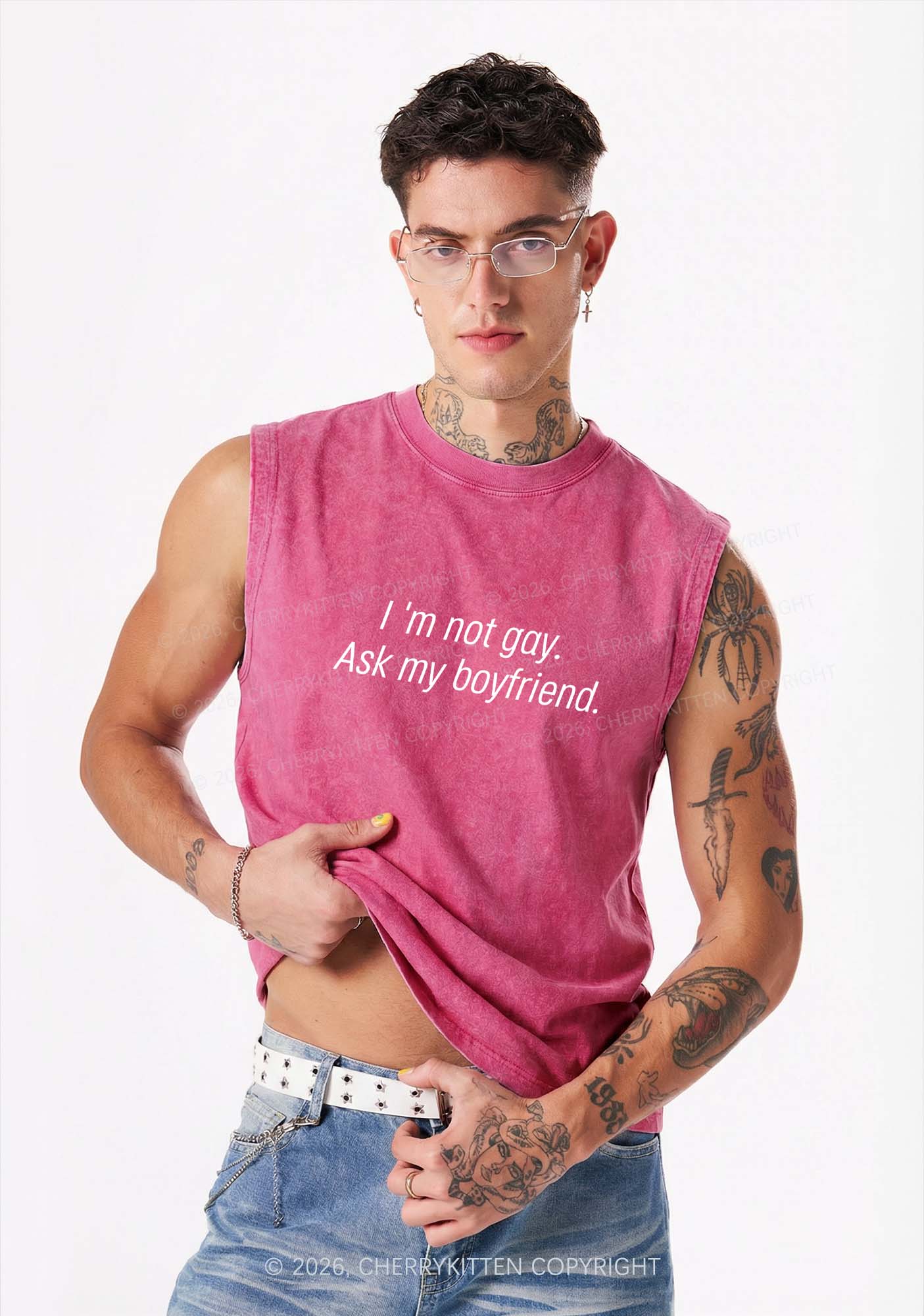 Im Not Gay Pride Y2K Washed Muscle Tank Cherrykitten
