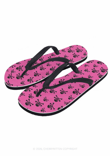 Halloween Pink Skulls Y2K Print Flip Flops Cherrykitten