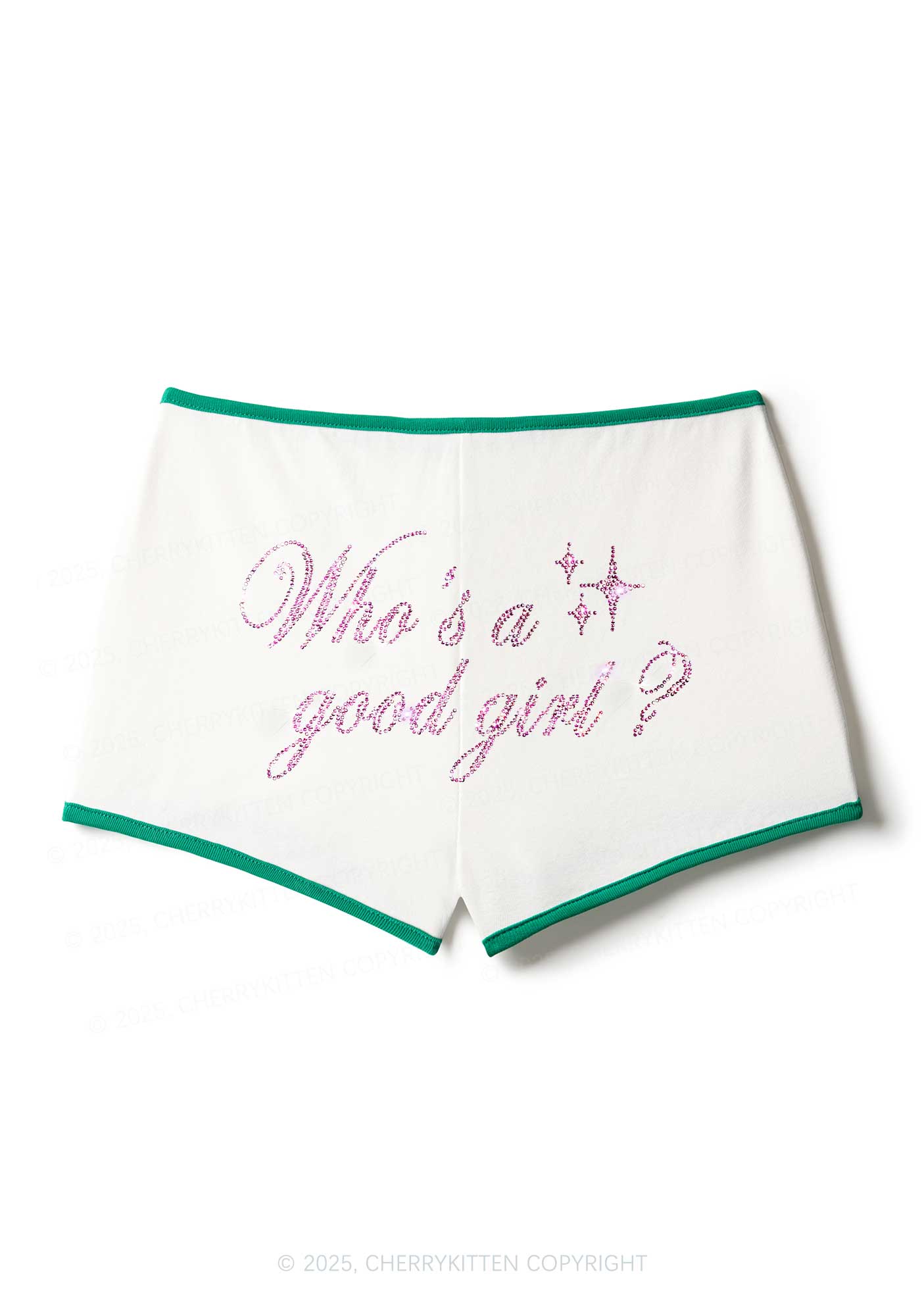 Rhinestone Whos A Good Girl Y2K Booty Shorts Cherrykitten