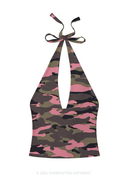 Pink Camouflage Y2K Print Halter Deep V Neck Cami Cherrykitten