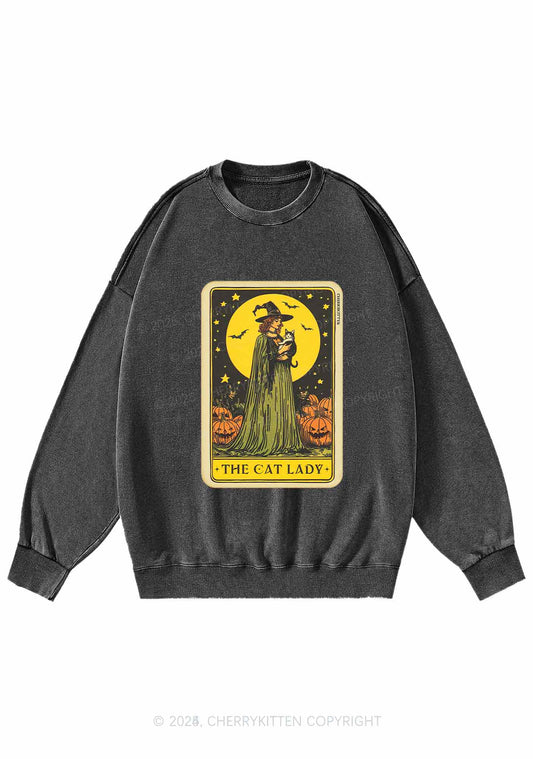 Halloween The Witch Cat Lady Y2K Washed Sweatshirts Cherrykitten