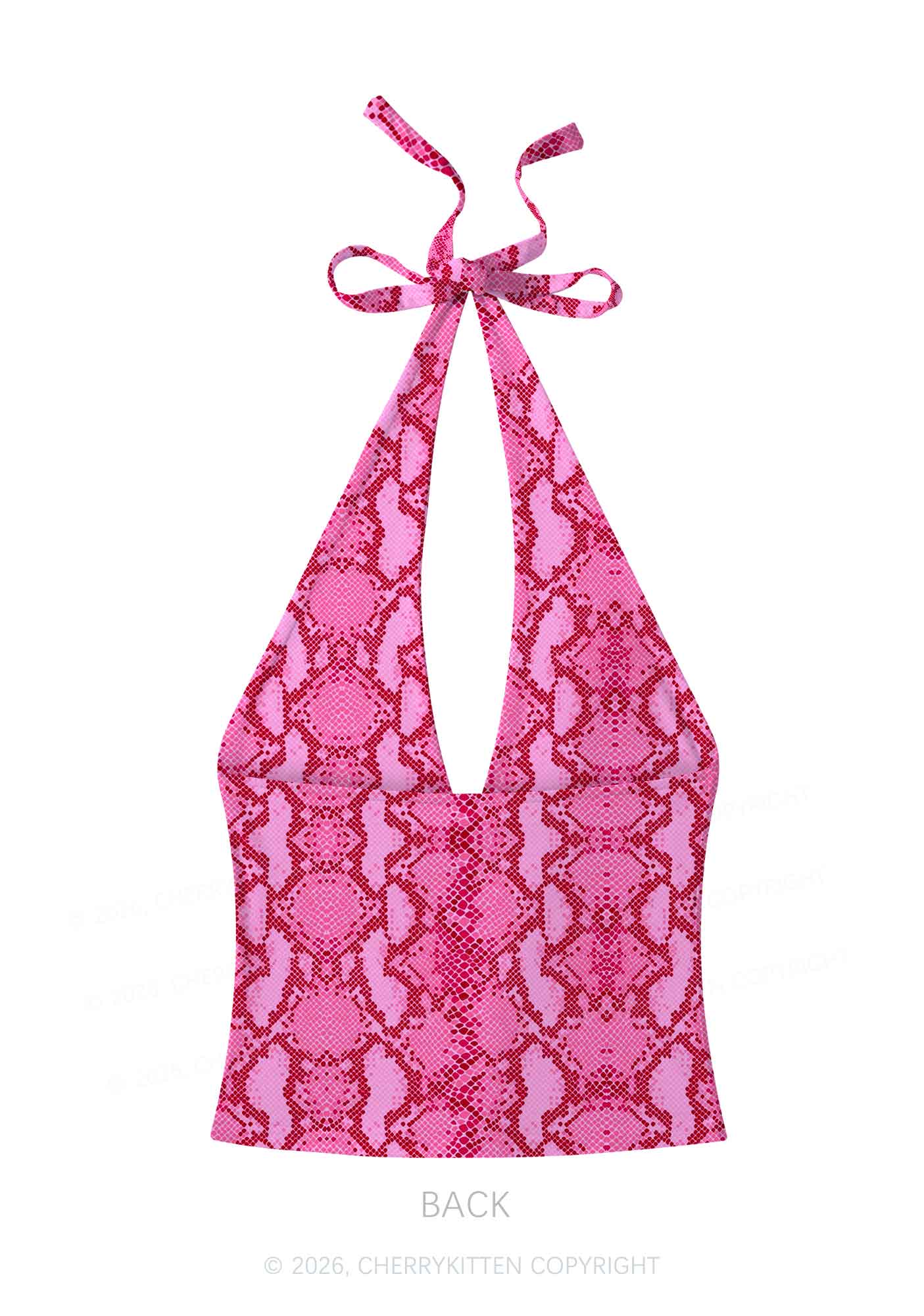Hot Pink Snake Skin Pattern Y2K Print Halter Deep V Neck Cami Cherrykitten