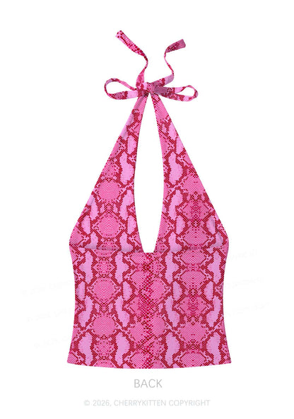 Hot Pink Snake Skin Pattern Y2K Print Halter Deep V Neck Cami Cherrykitten