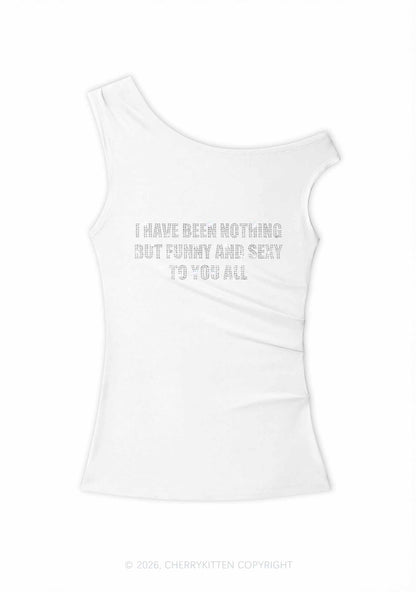 Rhinestone I Have Been Funny Y2K Off Shoulder Tank Top Cherrykitten