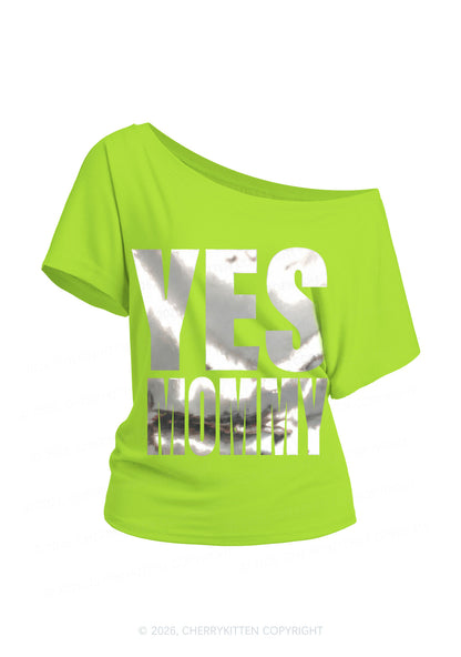 Yes Mommy Silver Foil Printed Y2K Off Shoulder Tee Cherrykitten