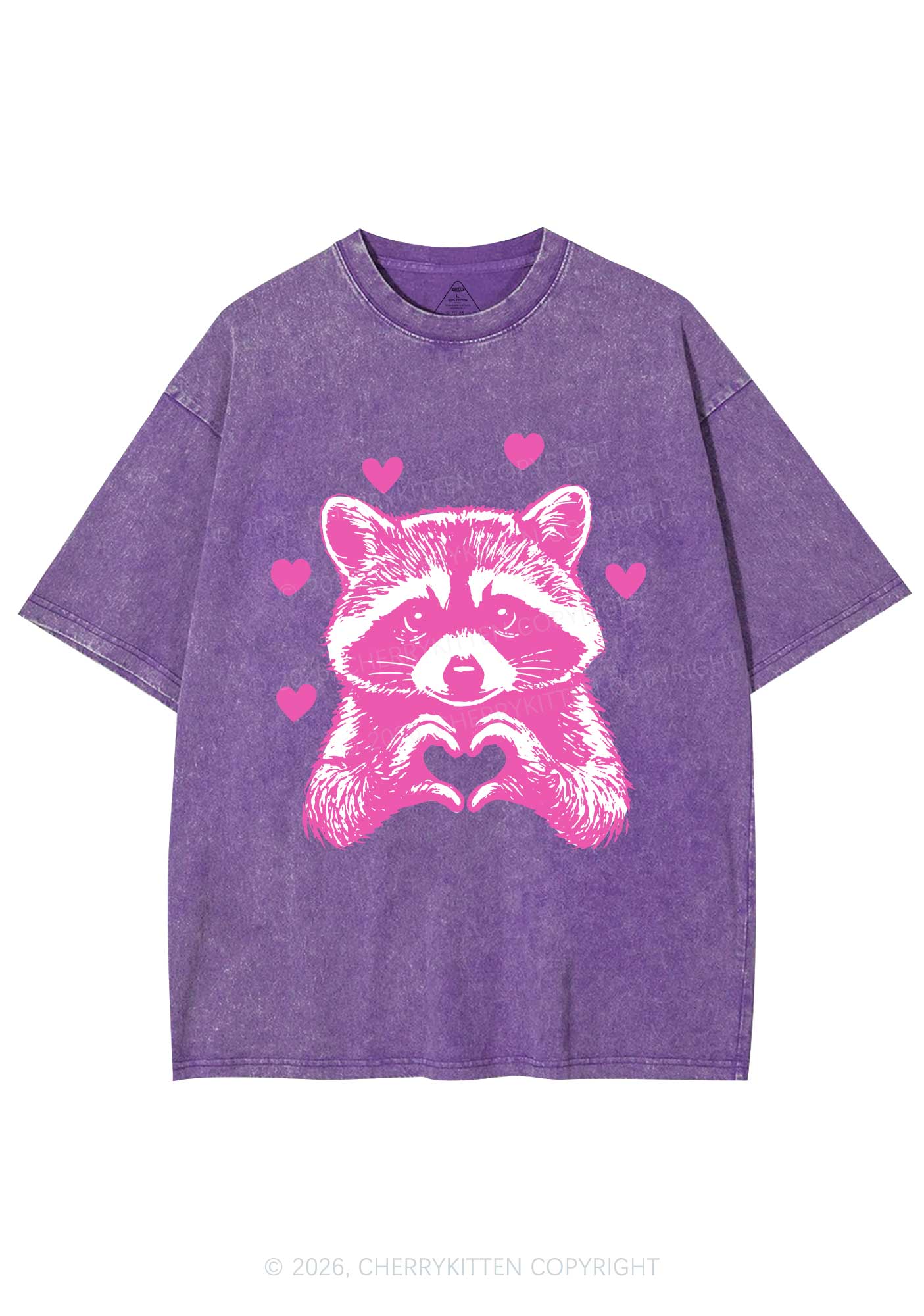 Pink Raccoon Heart Valentine's Day Y2K Shirts Washed Tee Cherrykitten