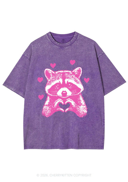 Pink Raccoon Heart Valentine's Day Y2K Shirts Washed Tee Cherrykitten