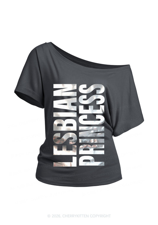 Lesbian Princess Pride Silver Foil Printed Y2K Off Shoulder Tee Cherrykitten