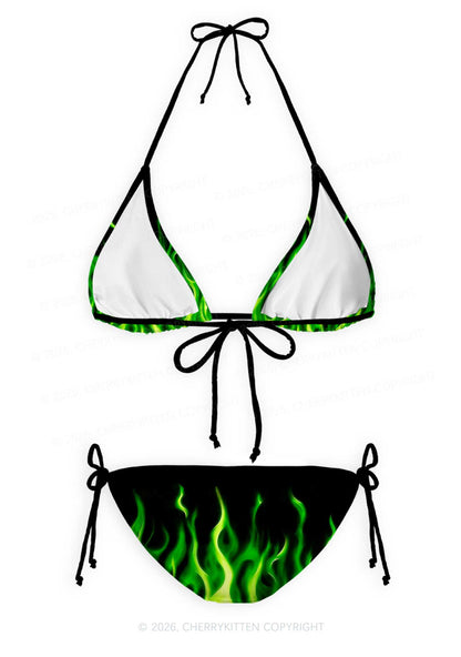 Neon Green Flame Y2K Print Bikini Set Cherrykitten