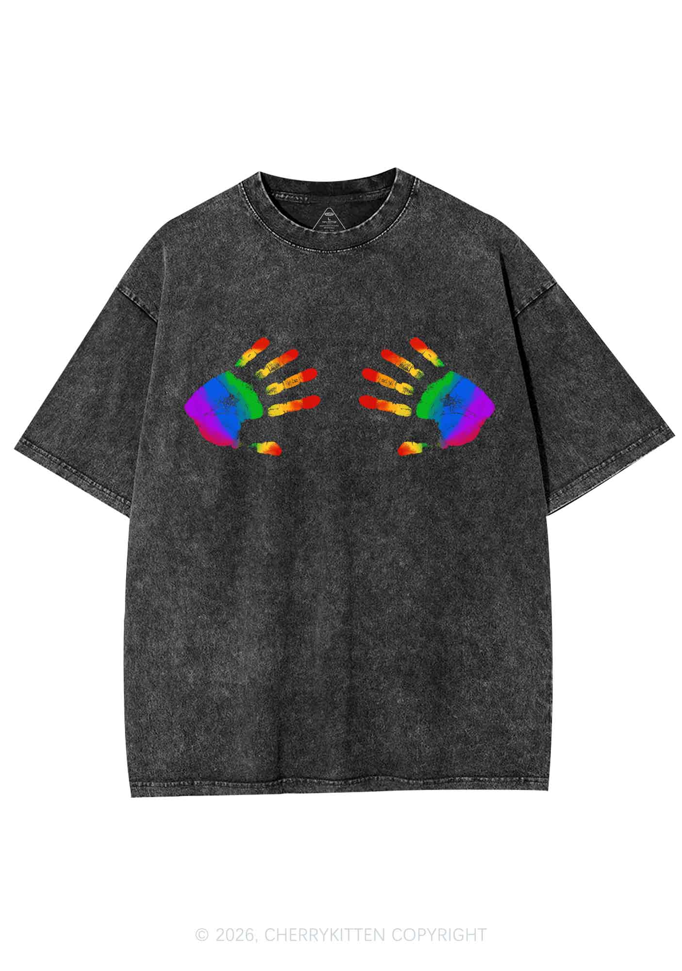 Rainbow Handprint Pride Y2K Shirts Washed Tee Cherrykitten