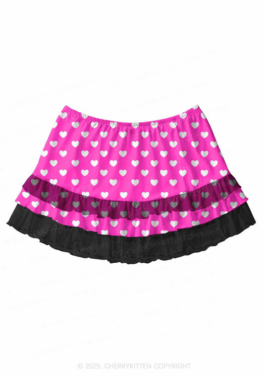 White Heart On Pink Valentine's Day Y2K Print Mini Layered Skirt Cherrykitten