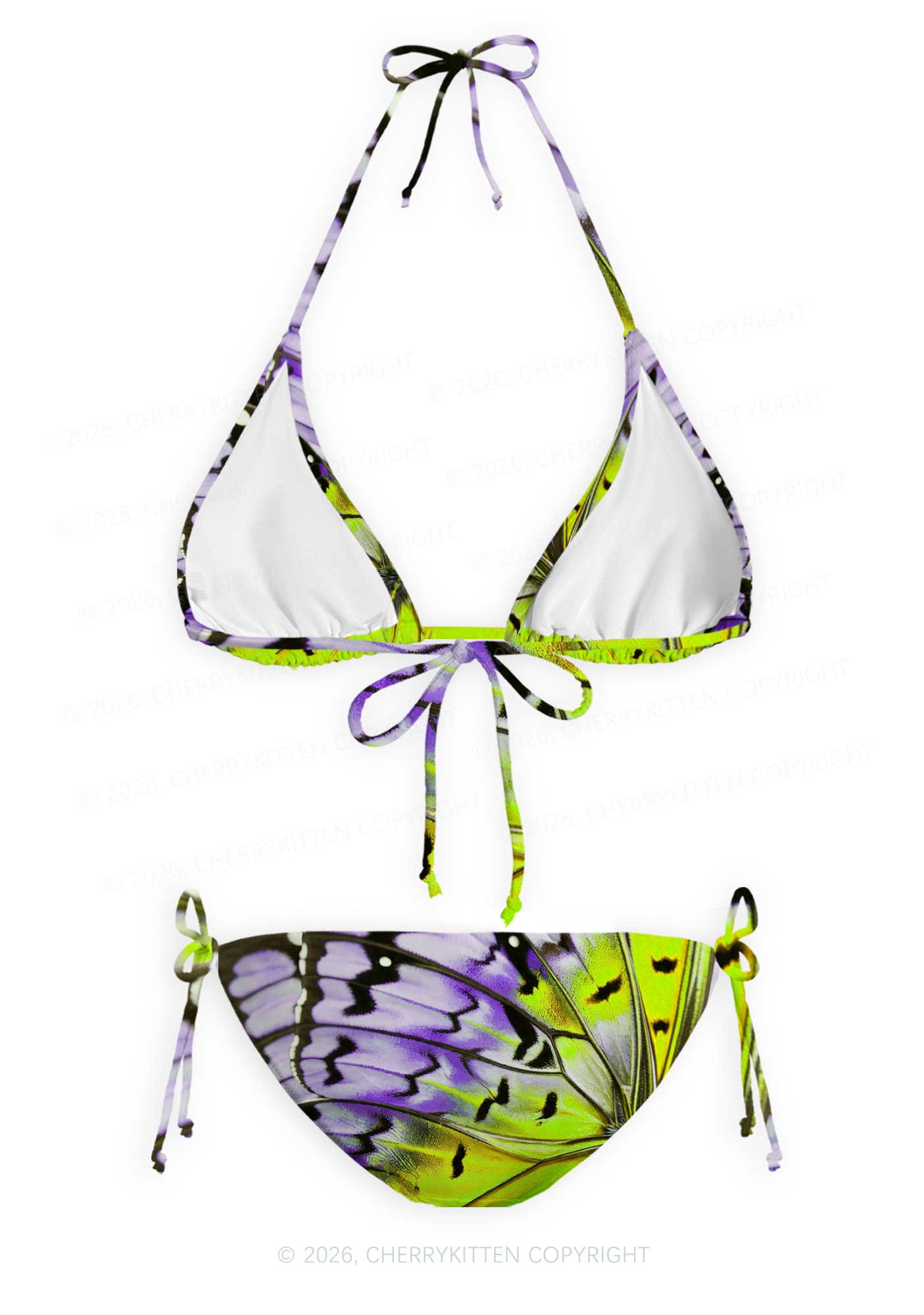 Purple Lime Butterfly Wing Y2K Print Bikini Set Cherrykitten