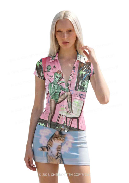 Alien Angel Graffiti Wall Y2K Mesh Ruched  Waist  V Neck Top Cherrykitten