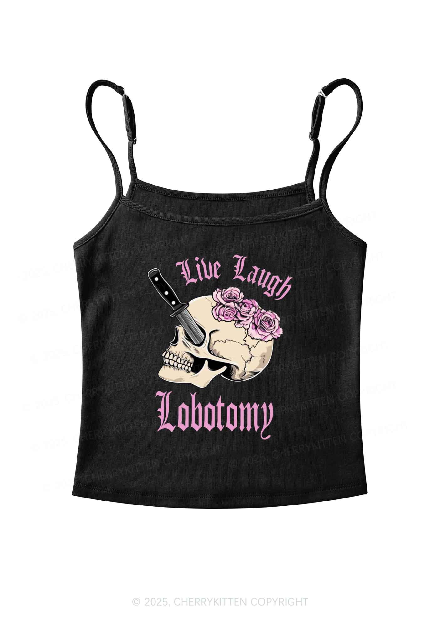 Live Laugh Lobotomy Skull Y2K Spaghetti Strap Cami Cherrykitten