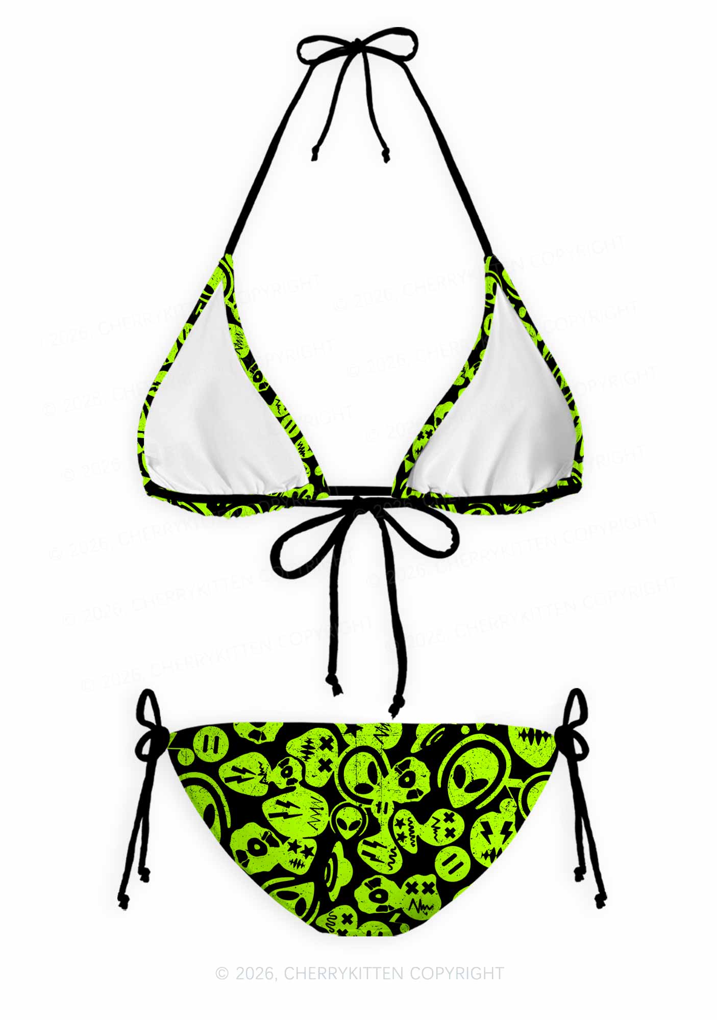 Green Alien Doodle Y2K Print Bikini Set Cherrykitten