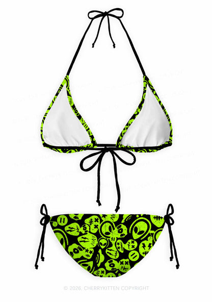 Green Alien Doodle Y2K Print Bikini Set Cherrykitten