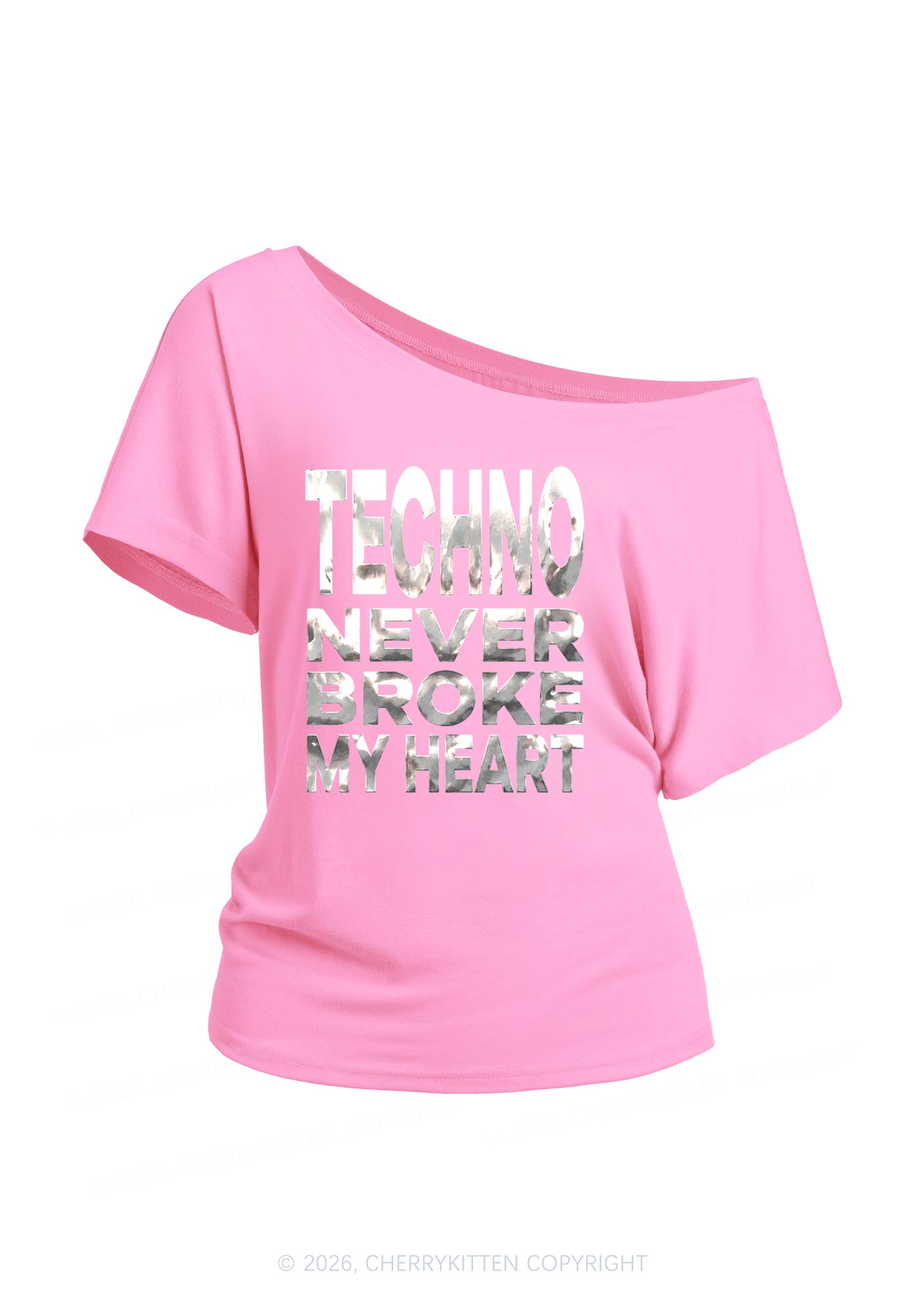 Techno Broke Heart Silver Foil Printed Y2K Off Shoulder Tee Cherrykitten