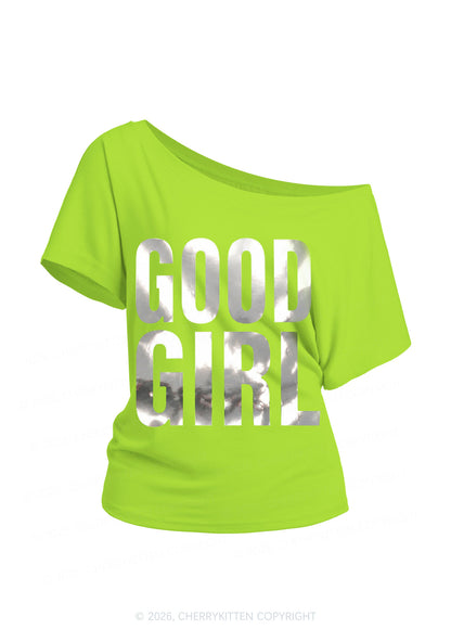Good Girl Silver Foil Printed Y2K Off Shoulder Tee Cherrykitten