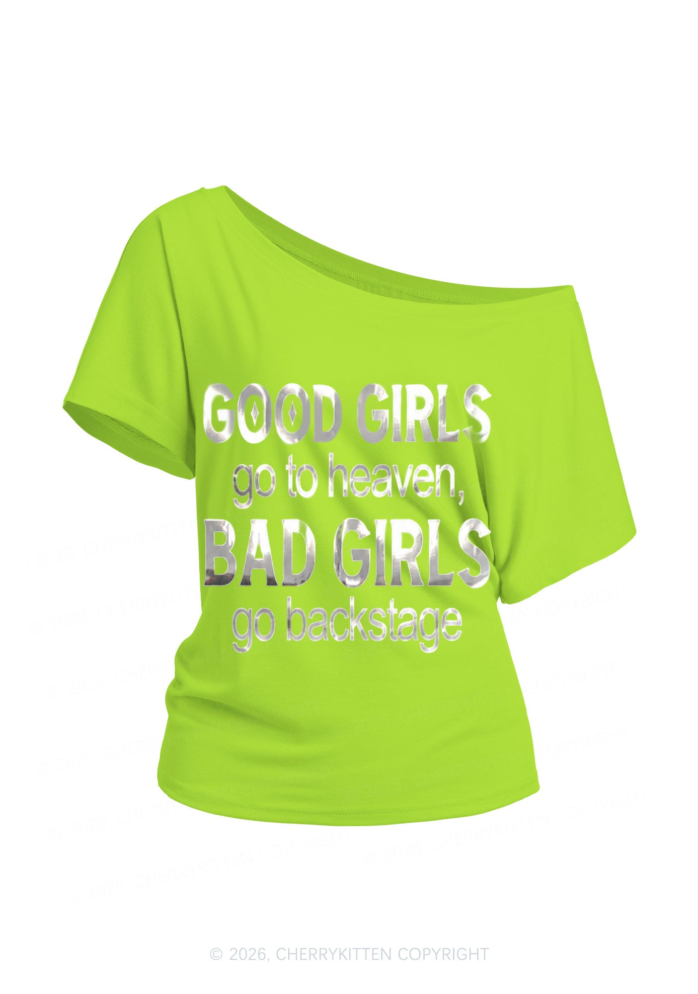 Bad Girls Go Backstage Silver Foil Printed Y2K Off Shoulder Tee Cherrykitten