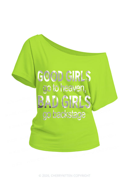 Bad Girls Go Backstage Silver Foil Printed Y2K Off Shoulder Tee Cherrykitten